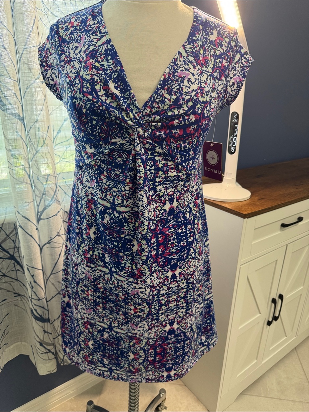 Soybu Navy Floral V-Neck Tunic with Pink & White Accents